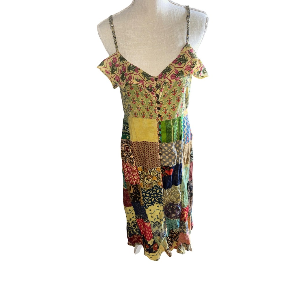Gypsy Rose Patchwork Cotton Midi Dress Boho Floral Multi Color OS L FLAW